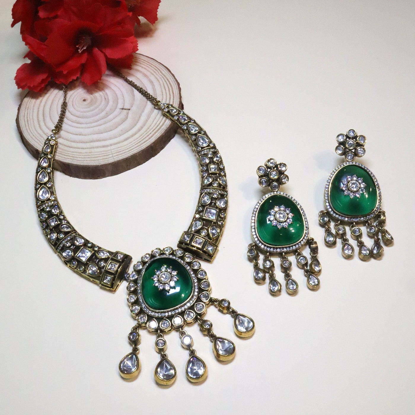 Oxidized Polki Stone Choker with Green Teardrop Danglers - SIA454744