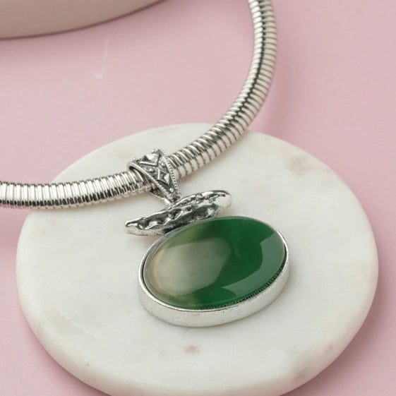 Classic Green Stone Silver Choker Necklace - TMV_PD14