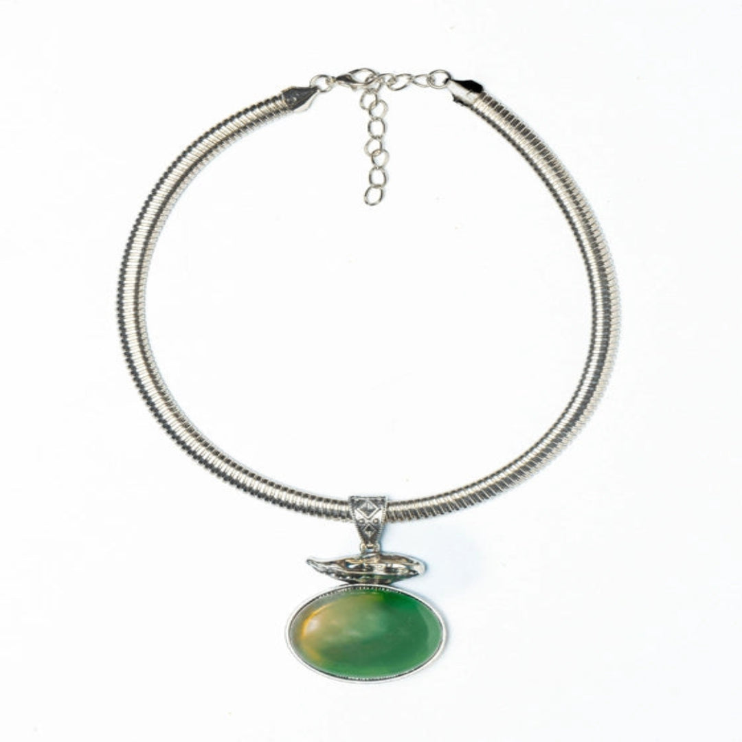 Classic Green Stone Silver Choker Necklace - TMV_PD14