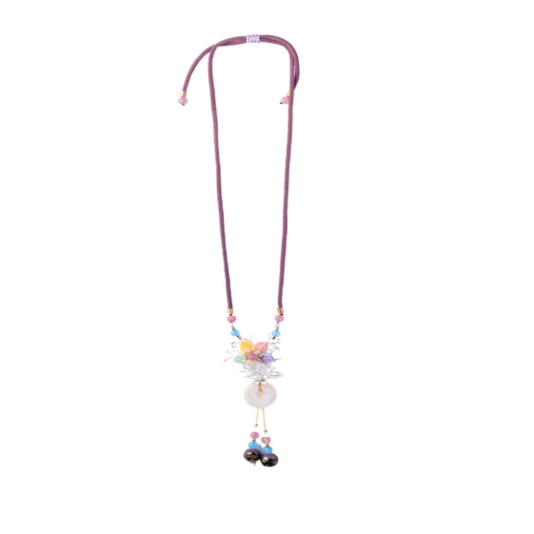Elegant baby pink thread with multi-colored flowers and white agate. - TMV_NP1