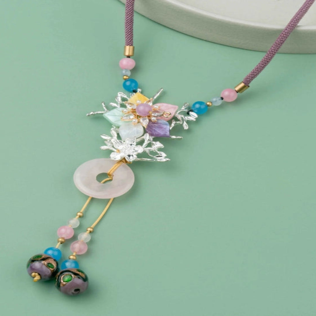 Elegant baby pink thread with multi-colored flowers and white agate. - TMV_NP1