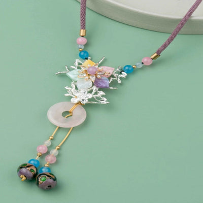 Elegant baby pink thread with multi-colored flowers and white agate. - TMV_NP1