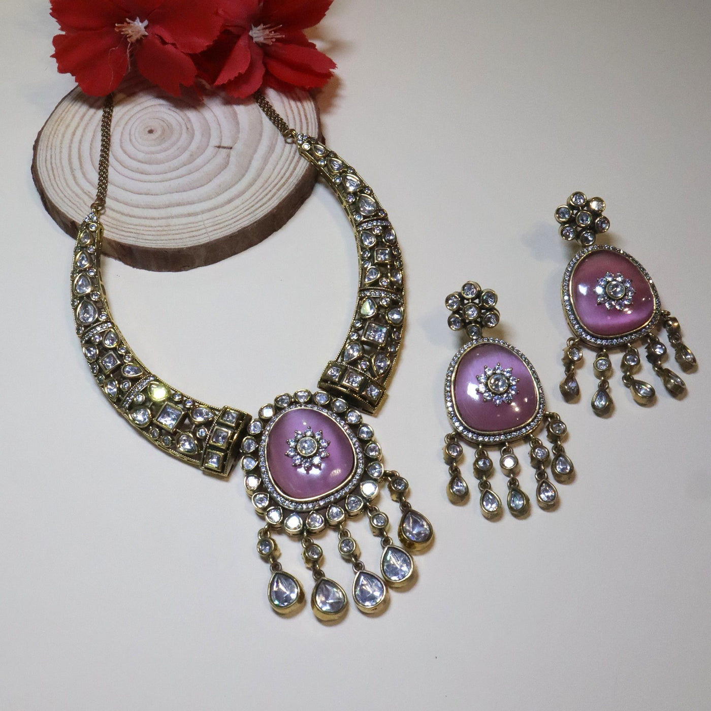 Dusty Rose Pink Stone and Antique Oxidized Polki Stone Choker Set - SIA454746