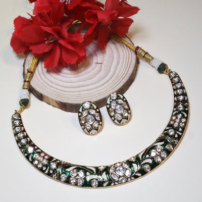 Emerald Green and White Floral Meenakari Choker Necklace Set - SIA454863 _A