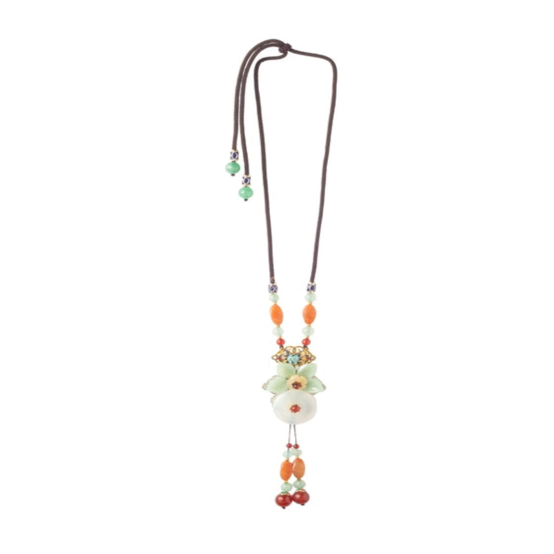 Unique brown thread Neckpiece, with a green flower and a hanging detail. - TMV_NP7