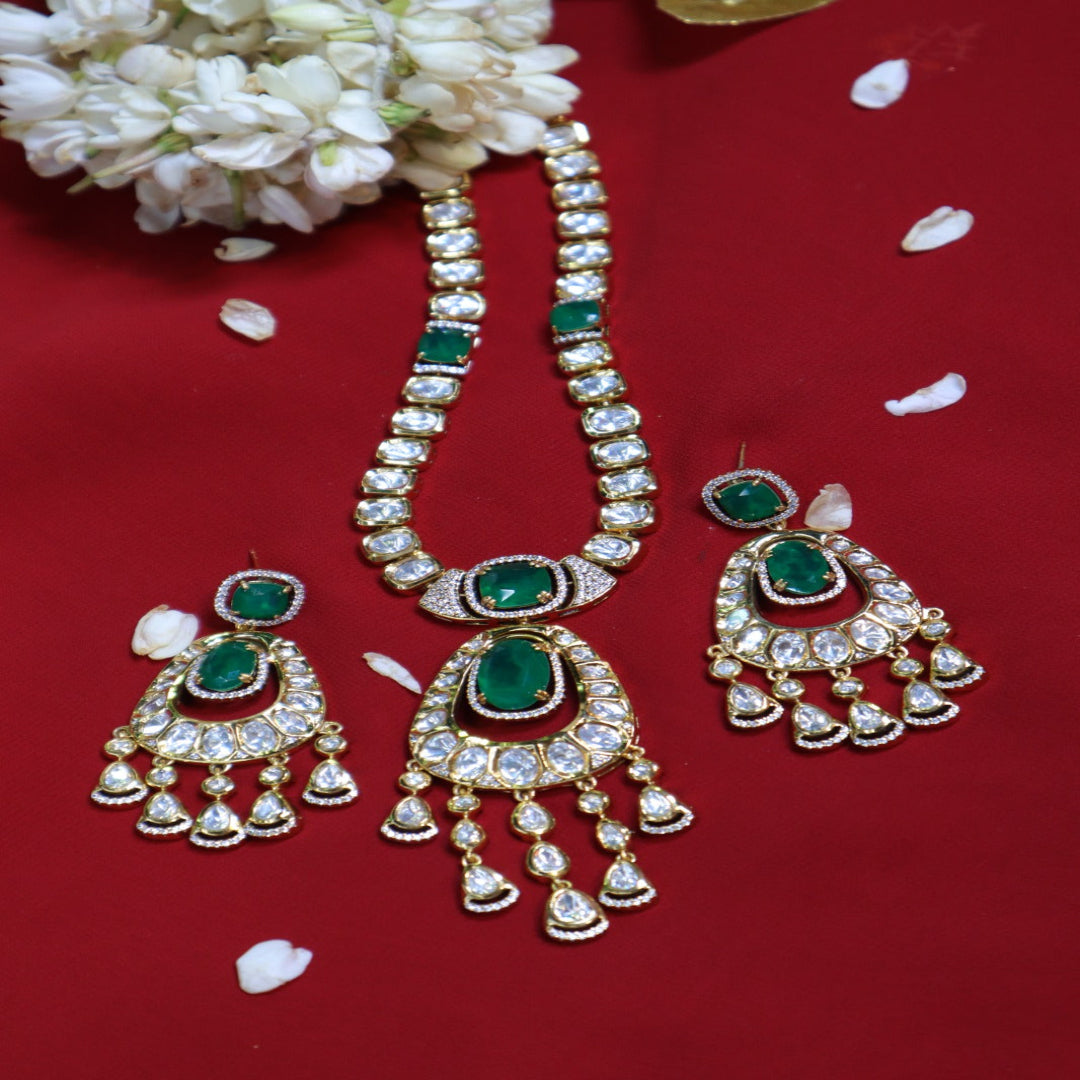 Emerald Green Polki Kundan Necklace & Earring Set - SIA452433