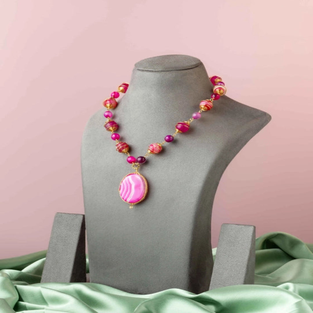 Pink beads embellished Neckpiece, with intricate golden wirework. - TMV_NP15