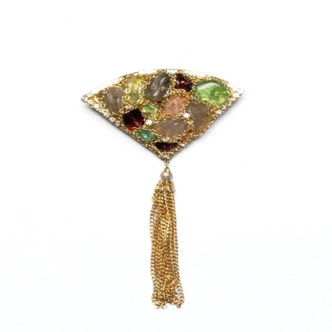 Multicolored Fan-Shaped Brass Brooch with Hanging Chains - TMV_BR15
