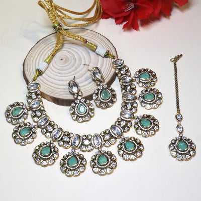 Antique Gold-Tone Kundan & Enamel Flower Droplet Necklace & Tikka Bridal Set - SIA454980