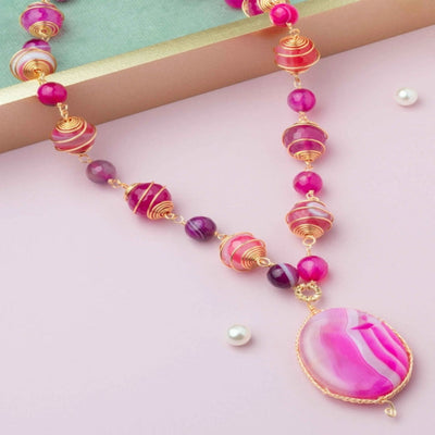 Pink beads embellished Neckpiece, with intricate golden wirework. - TMV_NP15