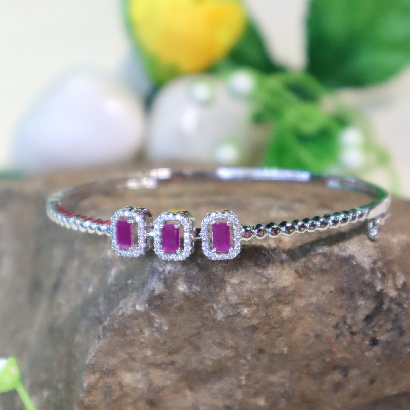 Silver Bracelet with Triple Ruby & Diamond Halo - SIA450959