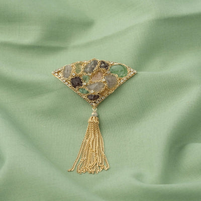 Multicolored Fan-Shaped Brass Brooch with Hanging Chains - TMV_BR15