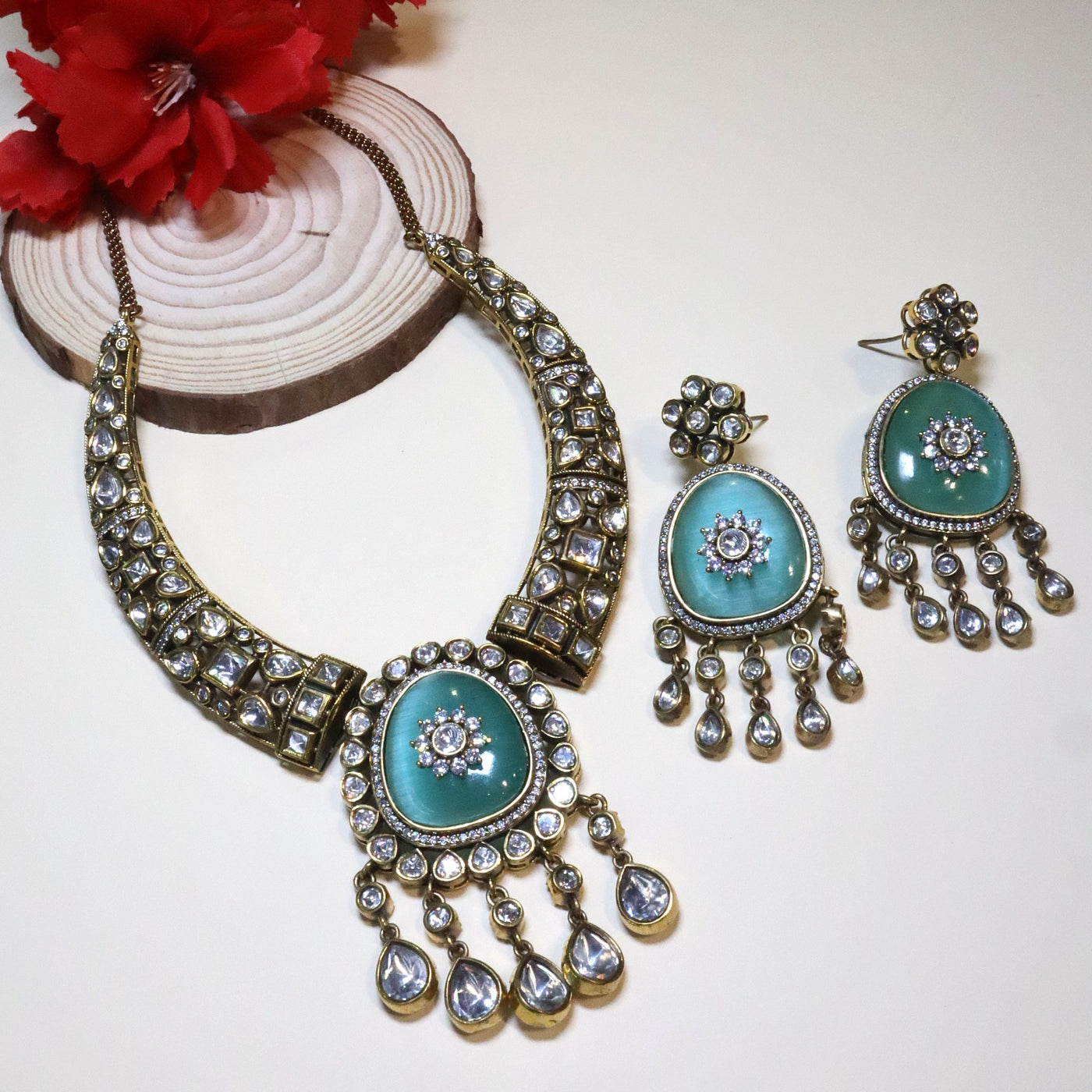 Aqua Blue Antique Polki Stone Choker Set - SIA454747