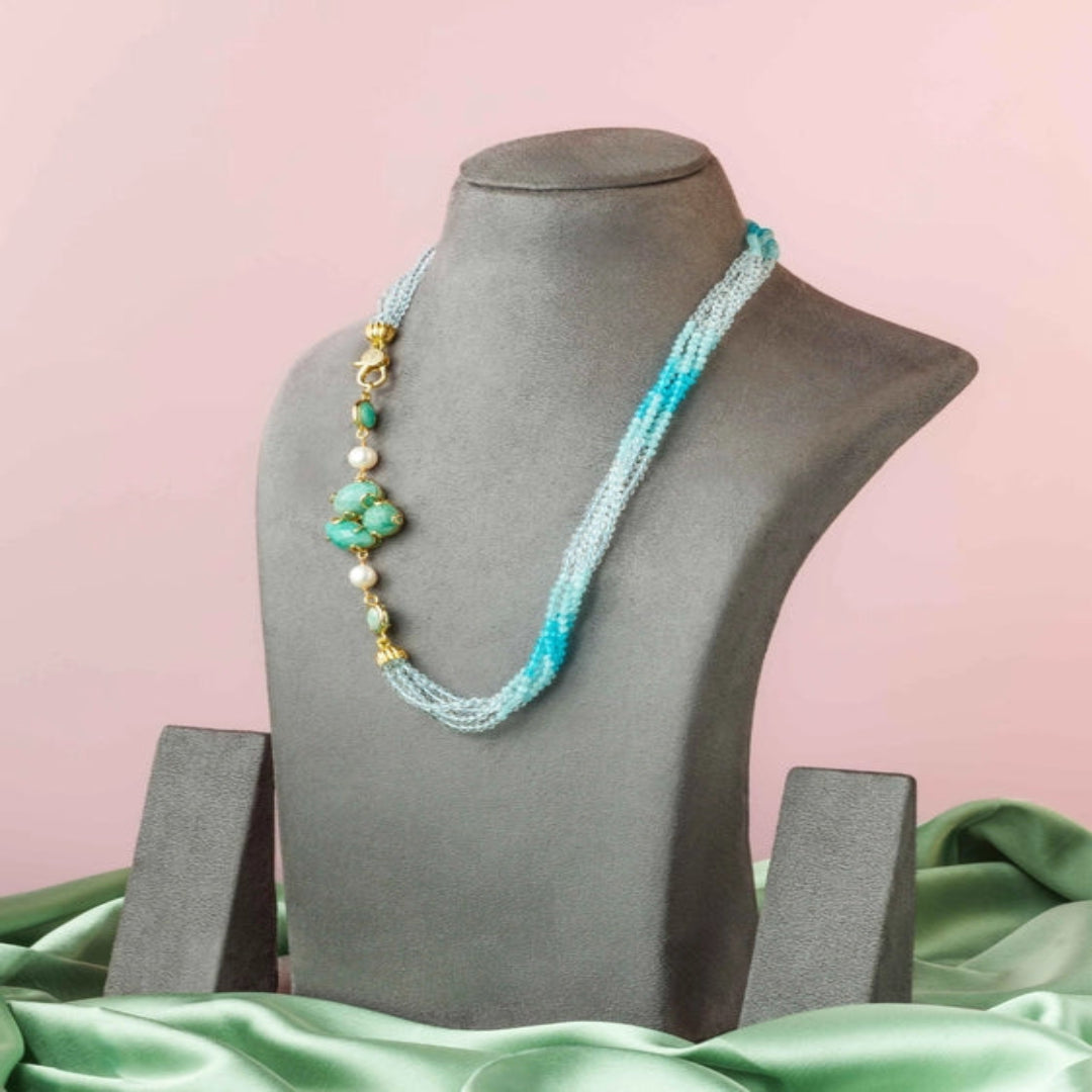 Blue shaded small beads strung Neckpiece, with a beautiful side piece. - TMV_NP21