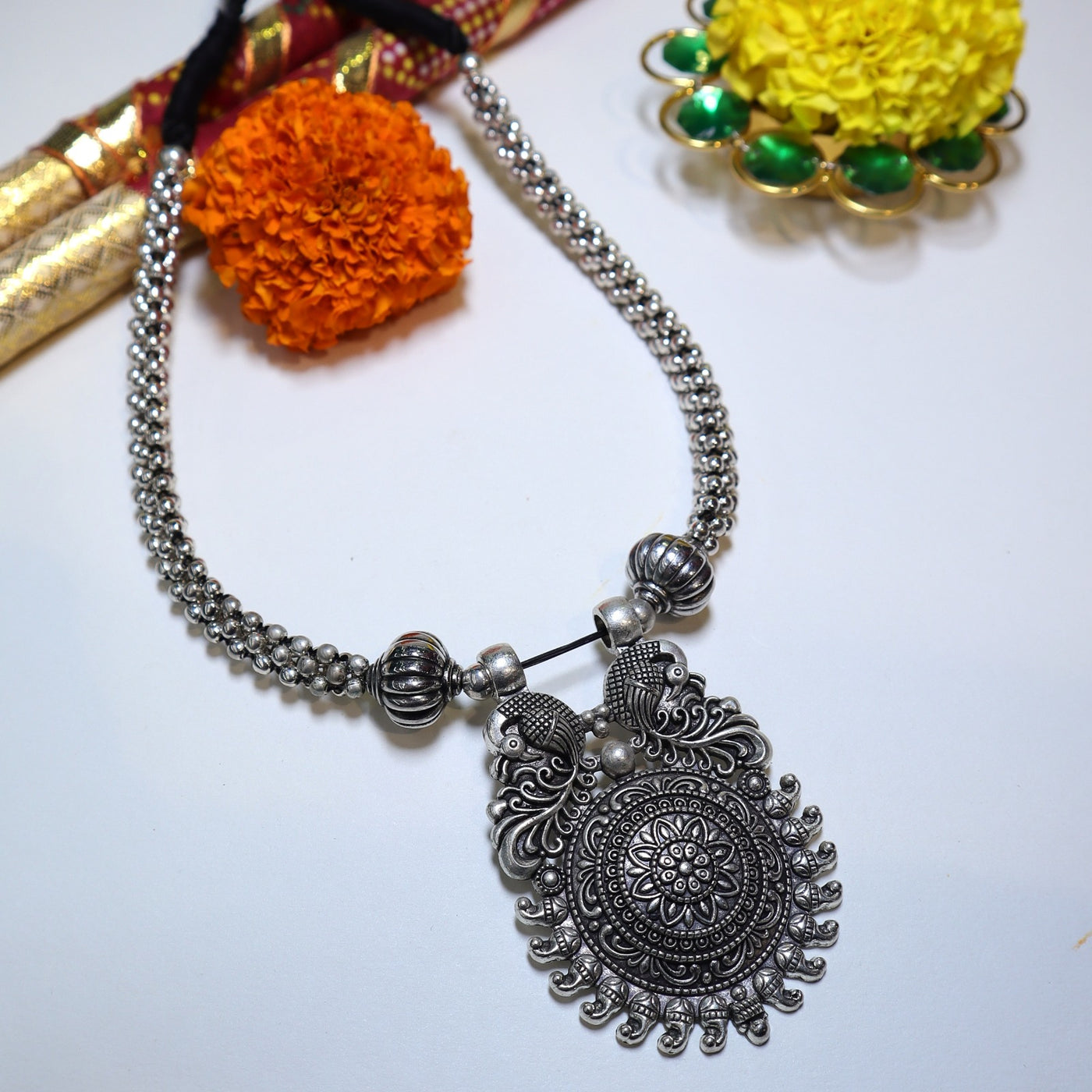 Peacock Motif Statement Necklace in Oxidized Silver -SIA452041
