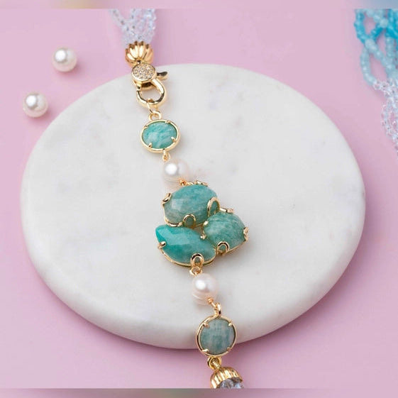 Blue shaded small beads strung Neckpiece, with a beautiful side piece. - TMV_NP21