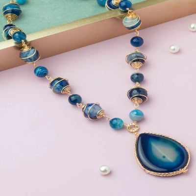 Captivating blue shaded beads Neckpiece, with intricate golden wire accents. - TMV_NP17
