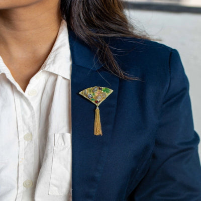 Multicolored Fan-Shaped Brass Brooch with Hanging Chains - TMV_BR15
