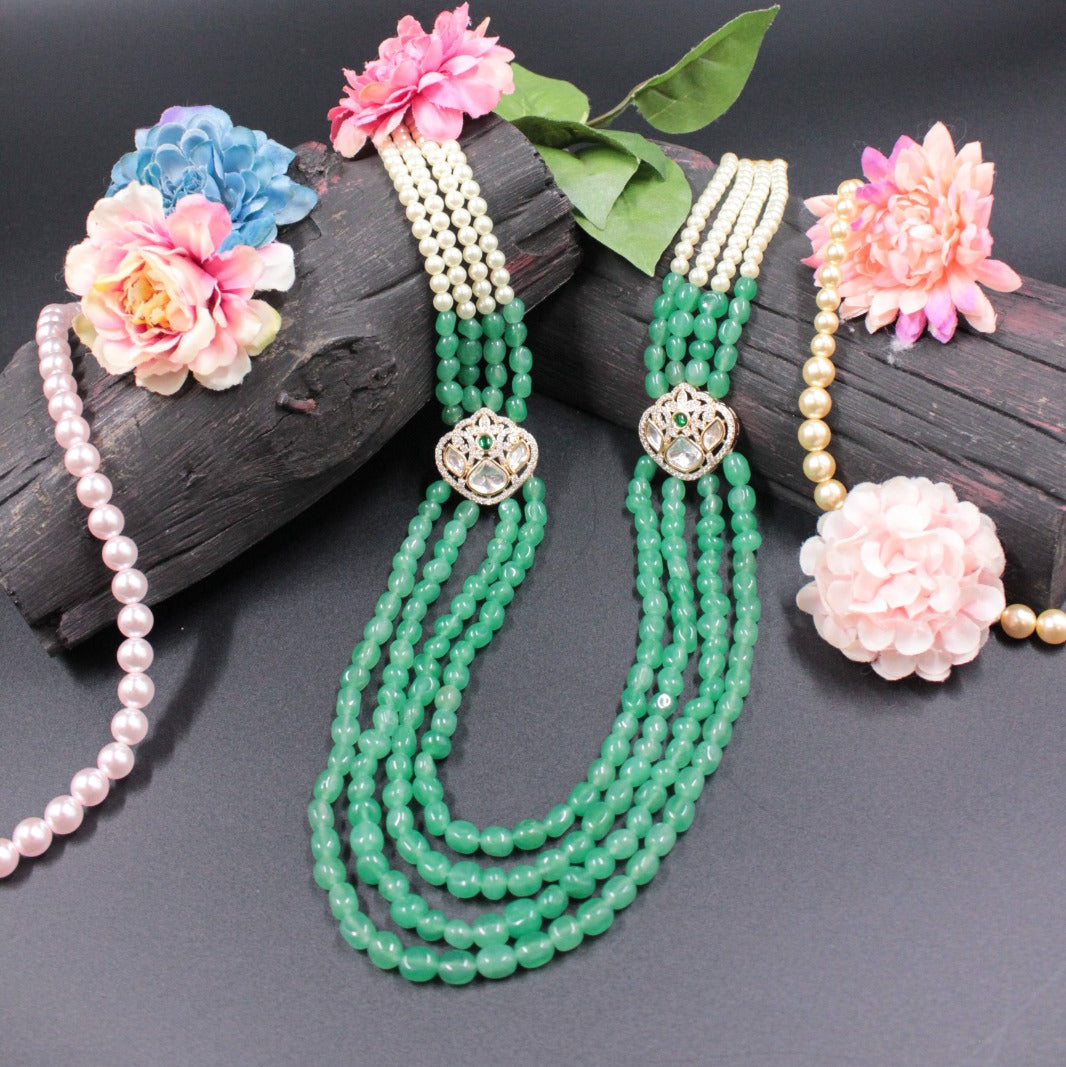 Green Beaded & Pearl Multi-Strand Necklace with Antique Floral Pendant  -SIA450026