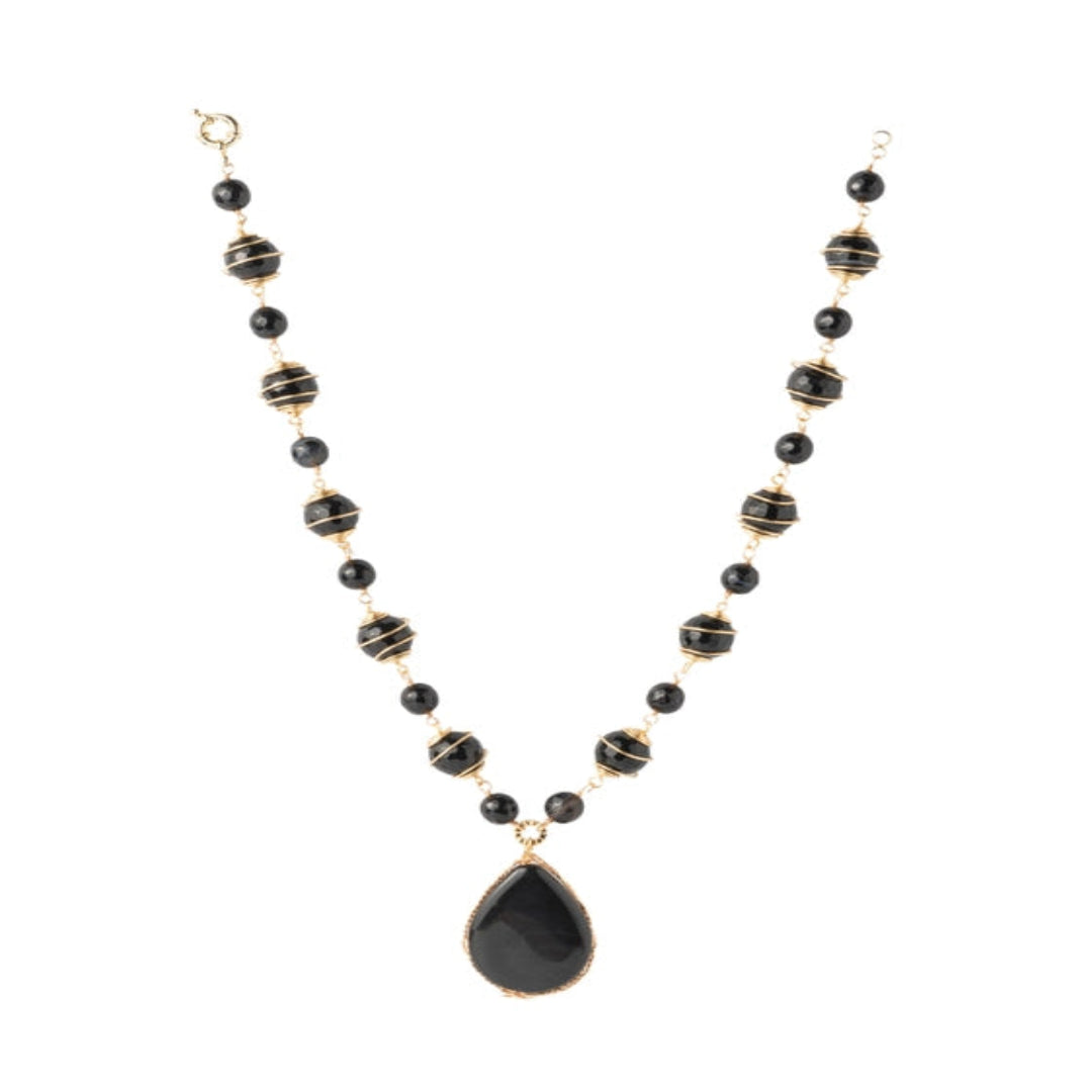 Black beads adorned Neckpiece, with intricate golden wirework. - TMV_NP14