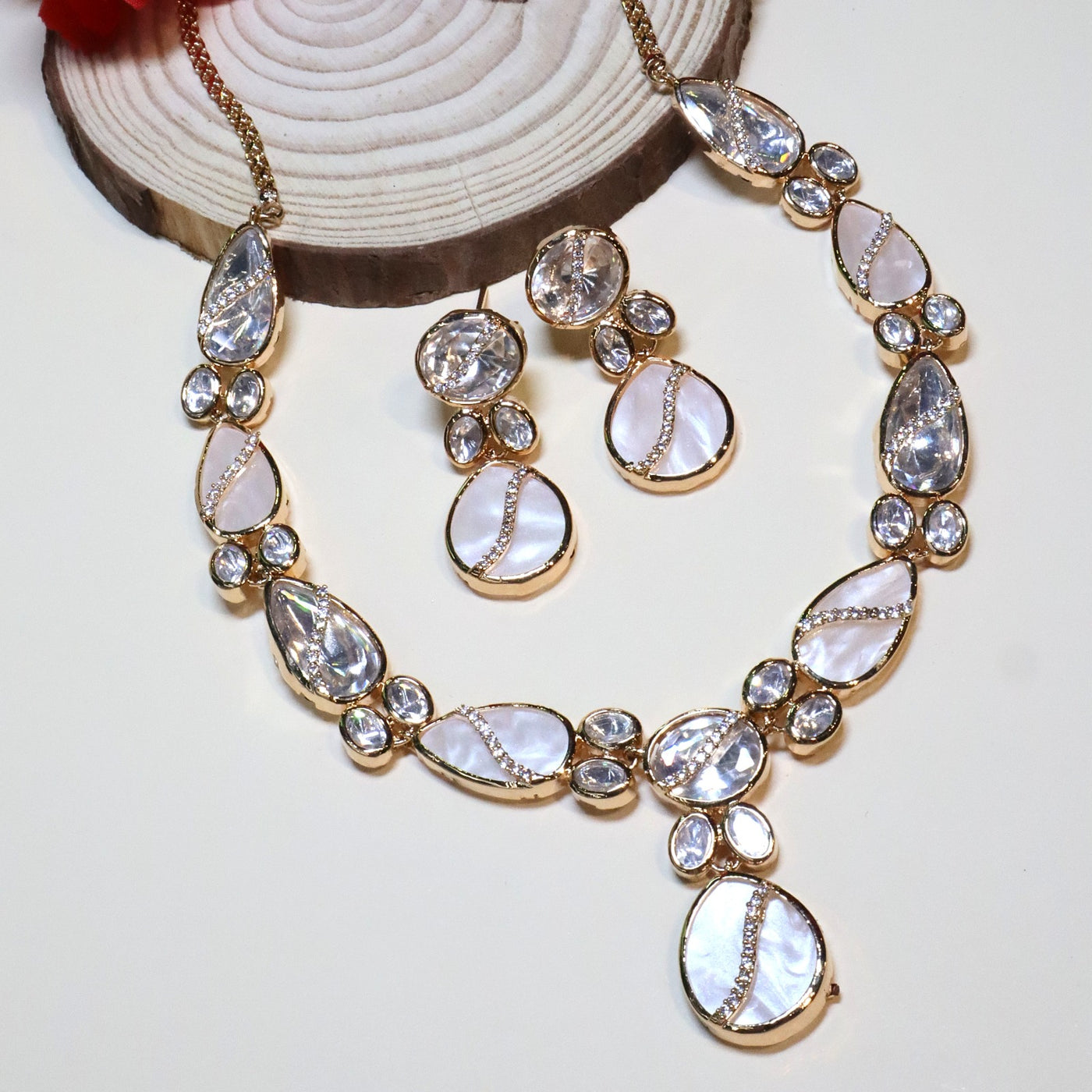 Gold-Tone Mother of Pearl and Clear Stone Teardrop Statement Necklace Set - SIA454975
