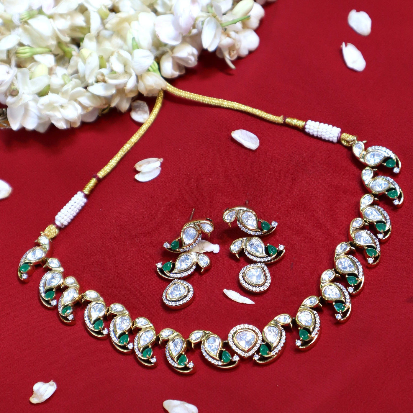 Emerald Green Polki Kundan Meenakari Parrot Motif Necklace Set - SIA452419