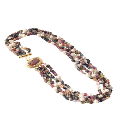 A beautiful four-string neckpiece with multi-colored beads and a pink shaded stone. - TMV_NP24