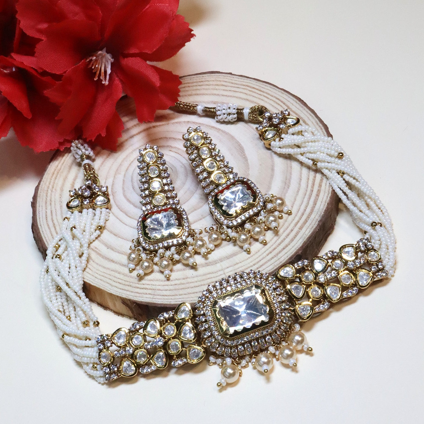 Traditional Kundan and Multi-Strand White Pearl Choker Set - SIA454989