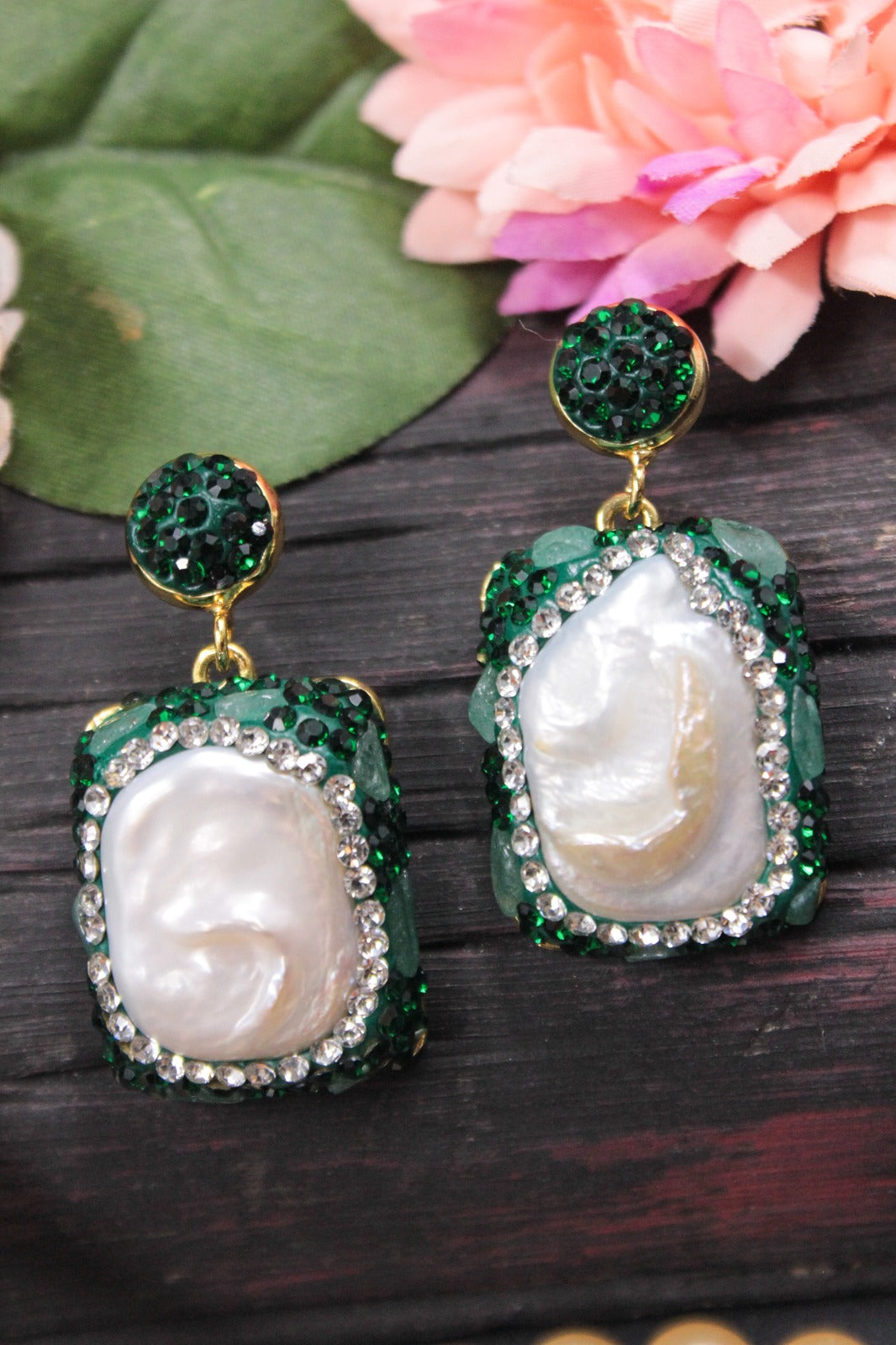 Statement Green Crystal & Baroque Pearl Drop Earrings -SIA451651