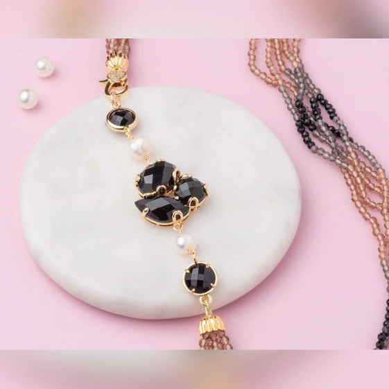 Exquisite side pieces Neckpiece featuring black agate, black, grey, and brown glass beads. - TMV_NP25