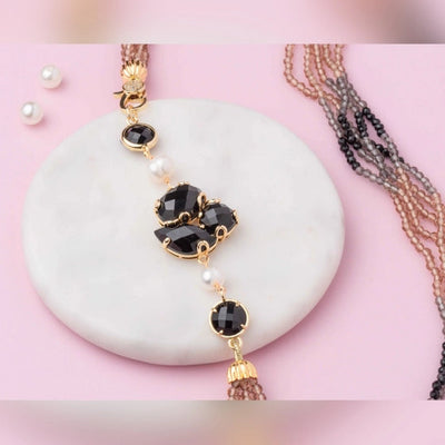 Exquisite side pieces Neckpiece featuring black agate, black, grey, and brown glass beads. - TMV_NP25