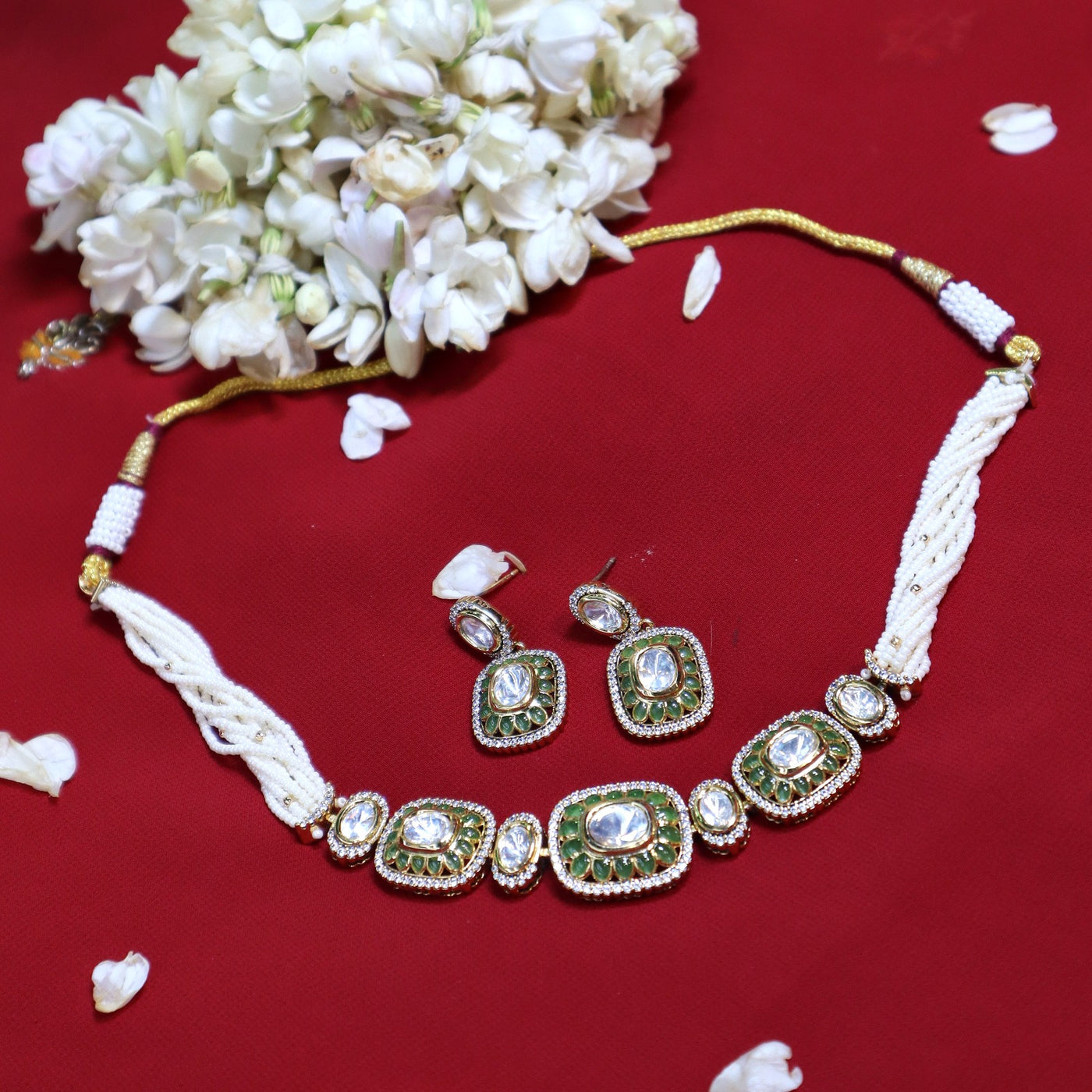 Kundan Polki Green Emerald & Pearl Choker Set - SIA452425