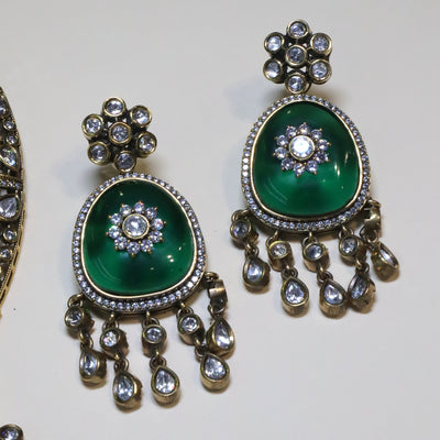 Oxidized Polki Stone Choker with Green Teardrop Danglers - SIA454744