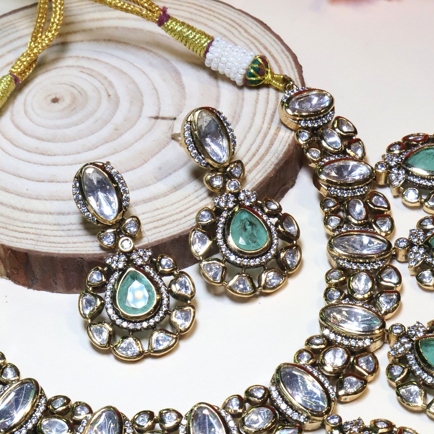 Antique Gold-Tone Kundan & Enamel Flower Droplet Necklace & Tikka Bridal Set - SIA454980