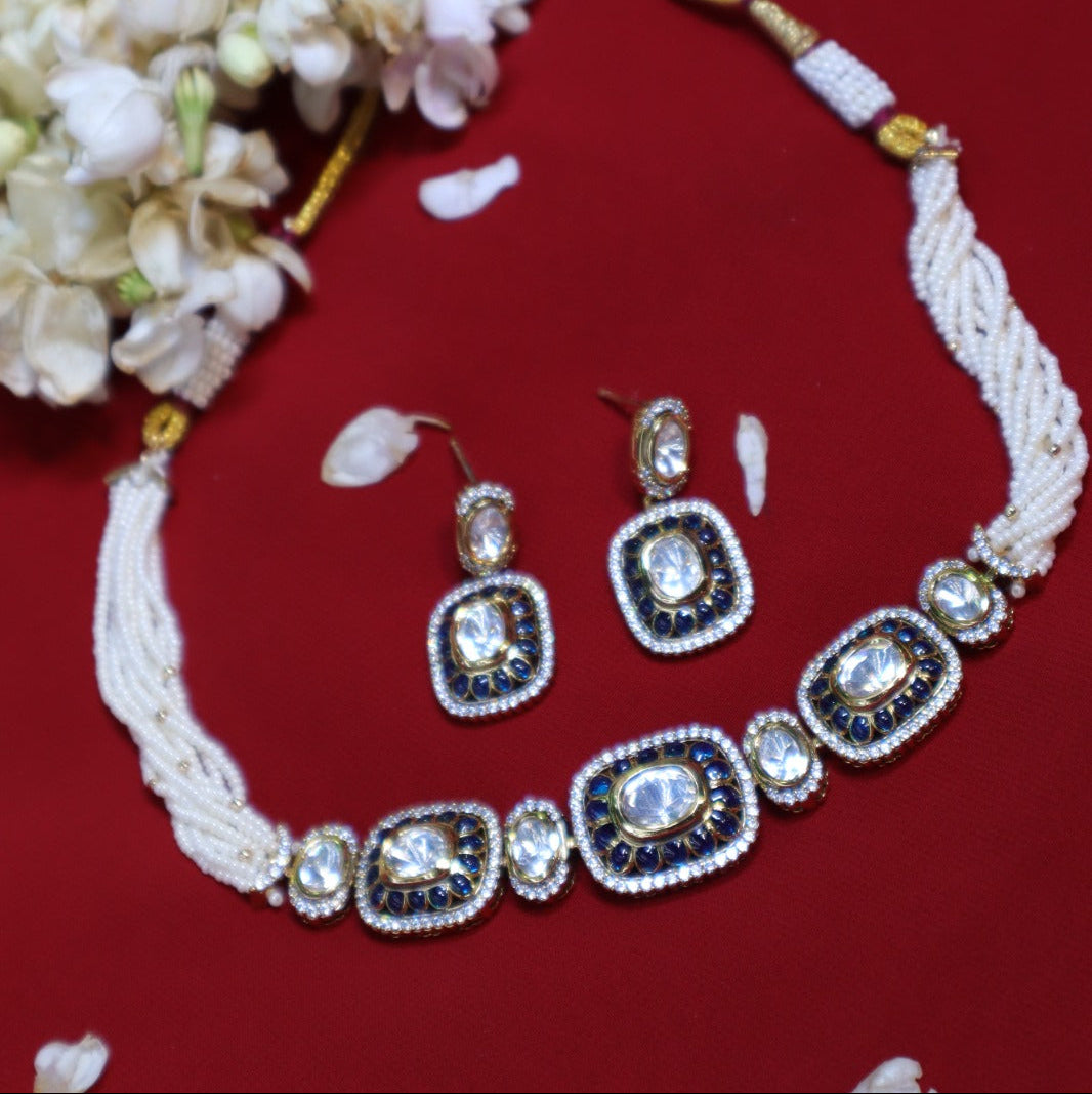 Kundan Polki Choker Set with Blue Enamel & Pearls - SIA452431