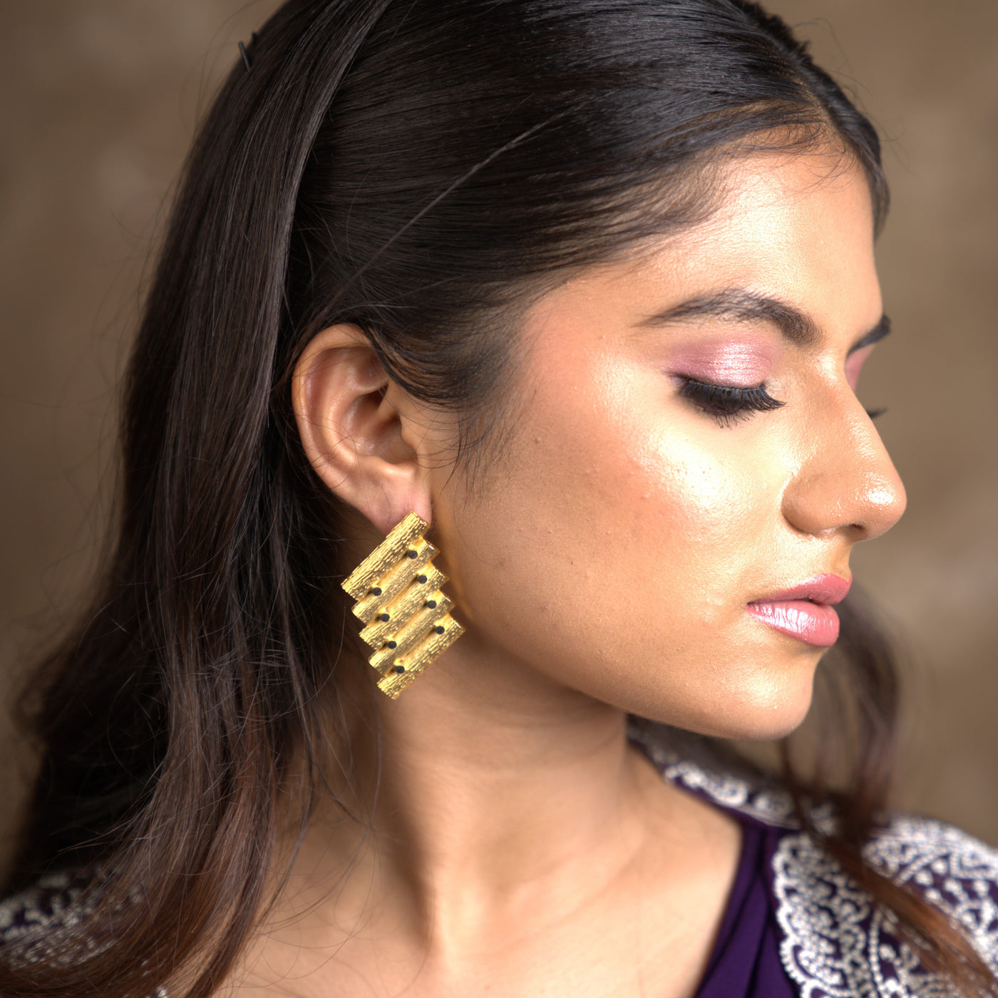 Bold Gold Textured Statement Earrings - AVE57