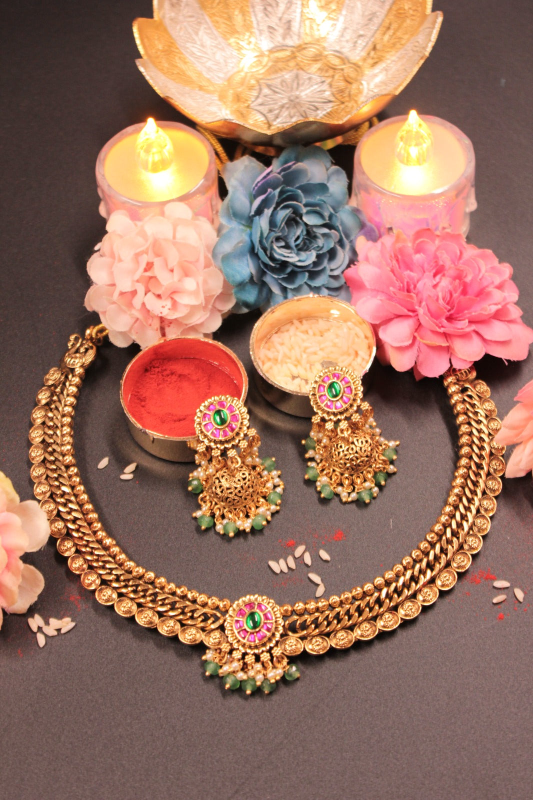 Antique Gold Necklace & Jhumka Set with Green Beads and Pink Accents-SIA447610