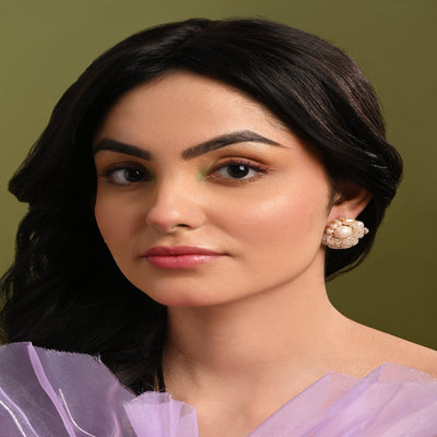 Gold Plated Round Flower Pearl Earrings Peach Crystal - BE-513-01 PEACH