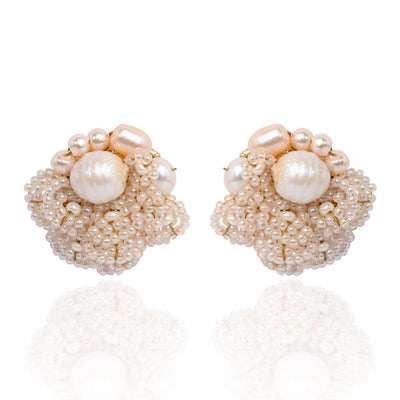 Gold Plated Round Flower Pearl Earrings Peach Crystal - BE-513-01 PEACH