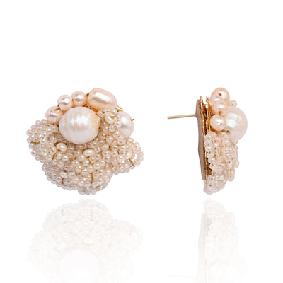 Gold Plated Round Flower Pearl Earrings Peach Crystal - BE-513-01 PEACH