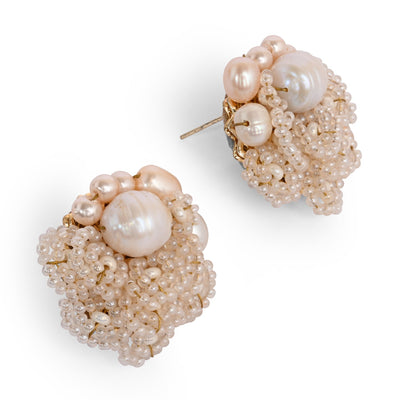 Gold Plated Round Flower Pearl Earrings Peach Crystal - BE-513-01 PEACH