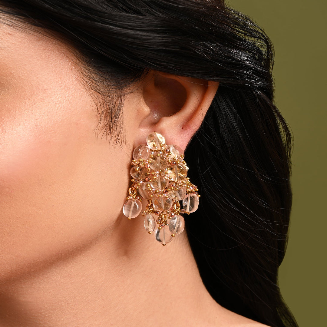 Peach Stone Oval Shape Earrings With Pink Crystal - BE-519-01 PINK