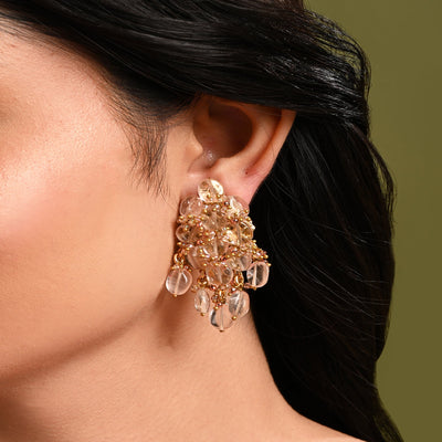 Peach Stone Oval Shape Earrings With Pink Crystal - BE-519-01 PINK