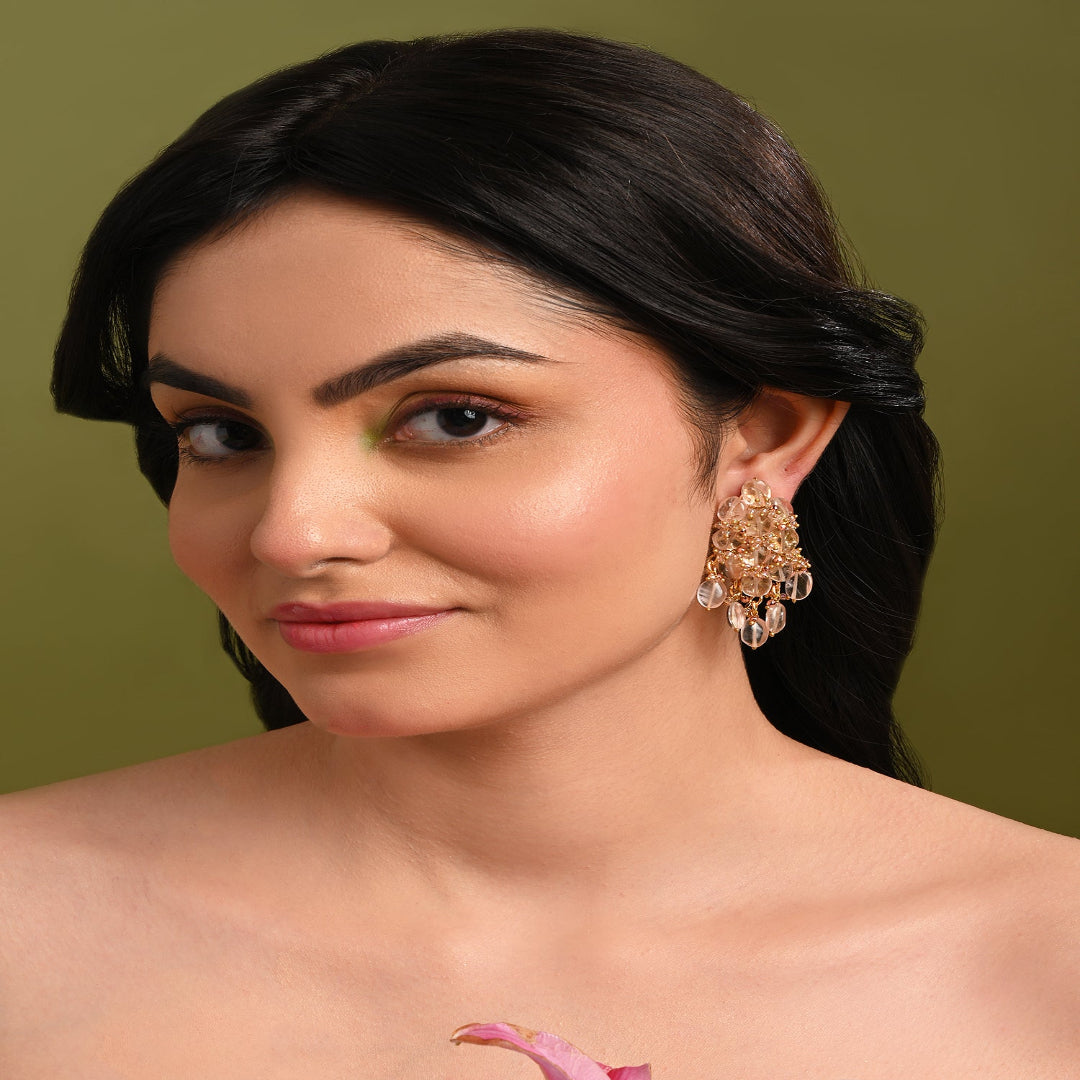 Peach Stone Oval Shape Earrings With Pink Crystal - BE-519-01 PINK