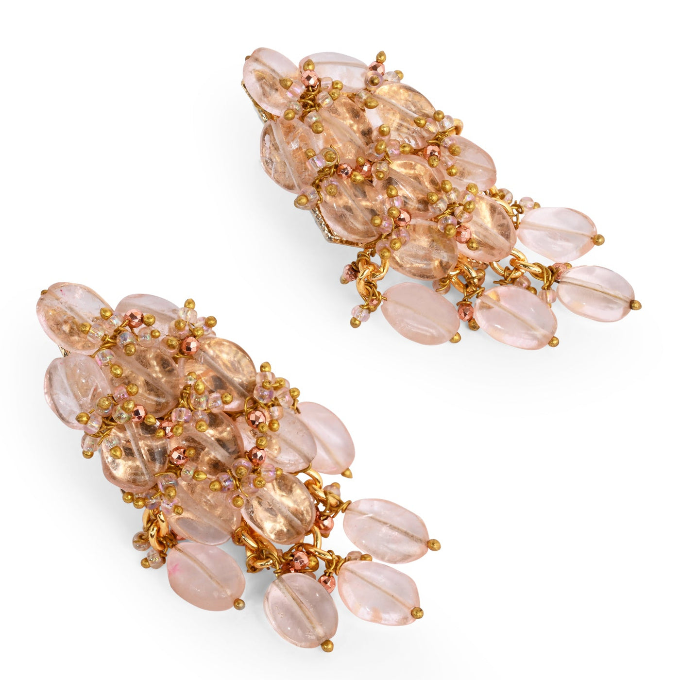 Peach Stone Oval Shape Earrings With Pink Crystal - BE-519-01 PINK