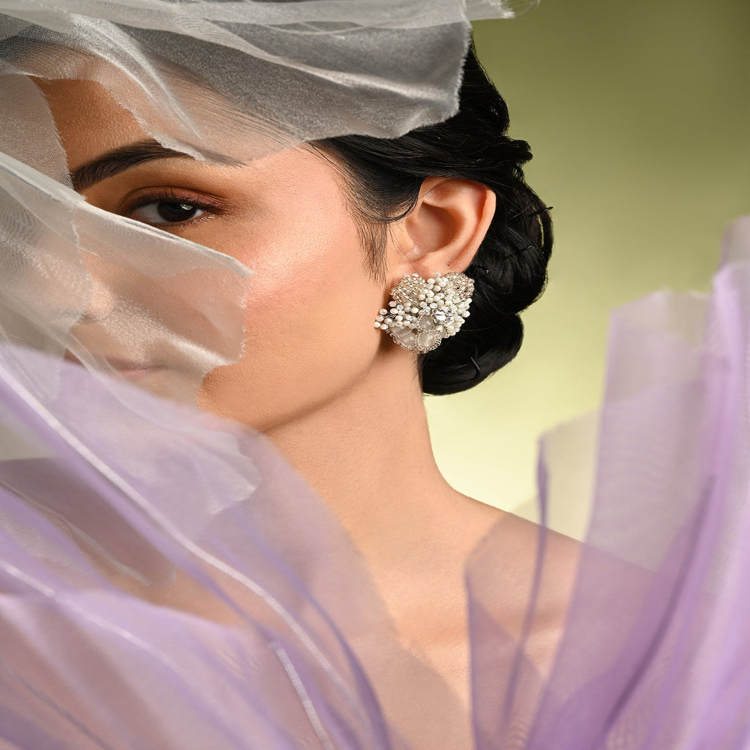 Silver Plated White Floral Stone Earrings - BE-524-01 SILVER