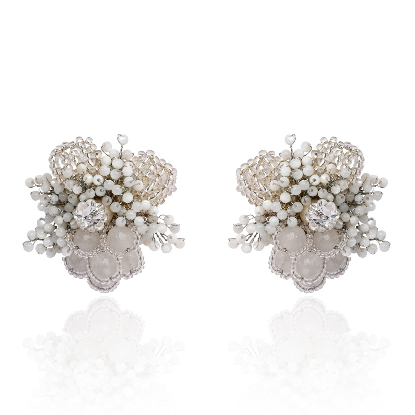 Silver Plated White Floral Stone Earrings - BE-524-01 SILVER