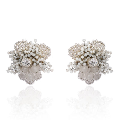 Silver Plated White Floral Stone Earrings - BE-524-01 SILVER
