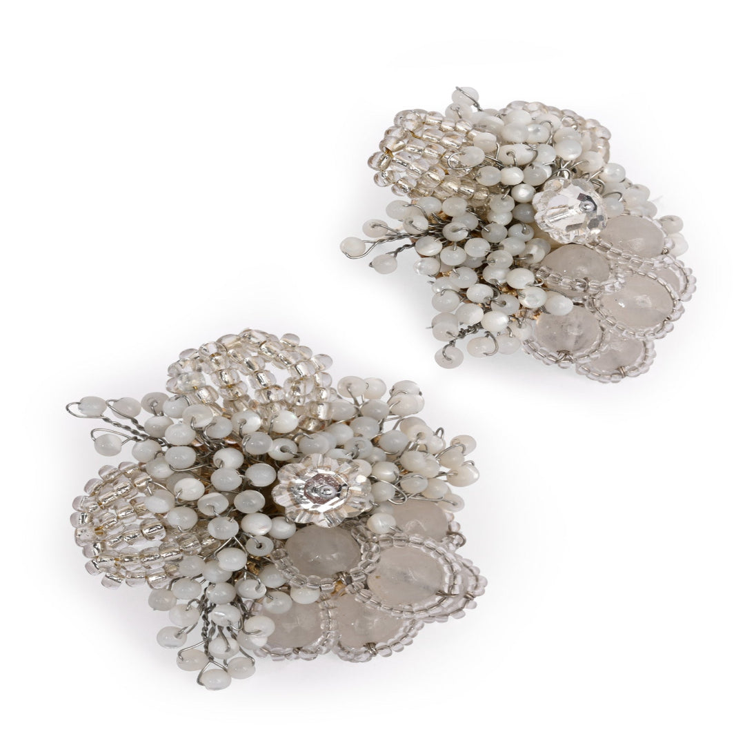 Silver Plated White Floral Stone Earrings - BE-524-01 SILVER