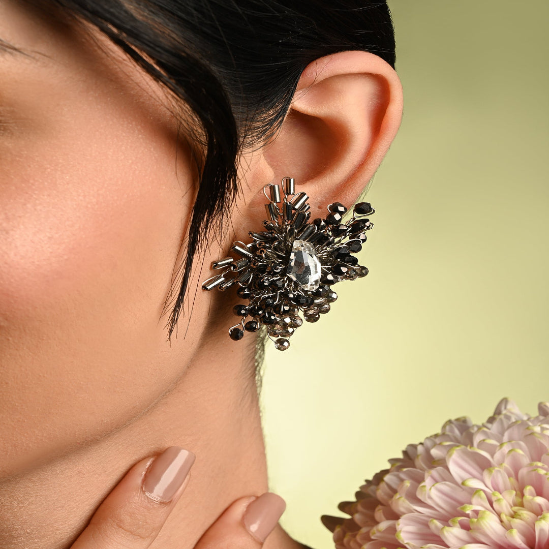 Modern Black And Silver Plated Stone Stud Earrings - BE-526-01 BLACK